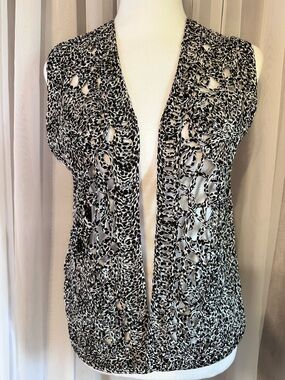 Vintage Chico's Black and White Silk Ribbon Open Front Vest size M